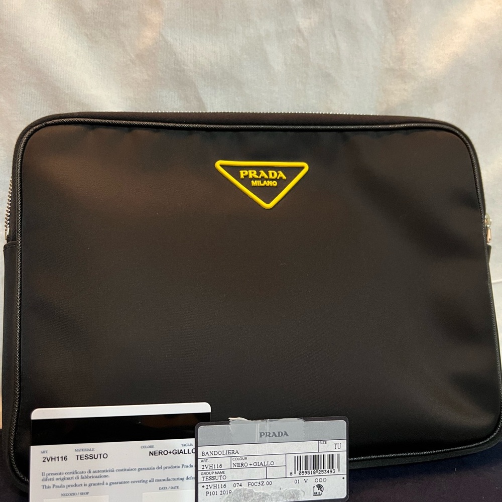 Prada Men's Black Laptop Bag with Yellow Accent